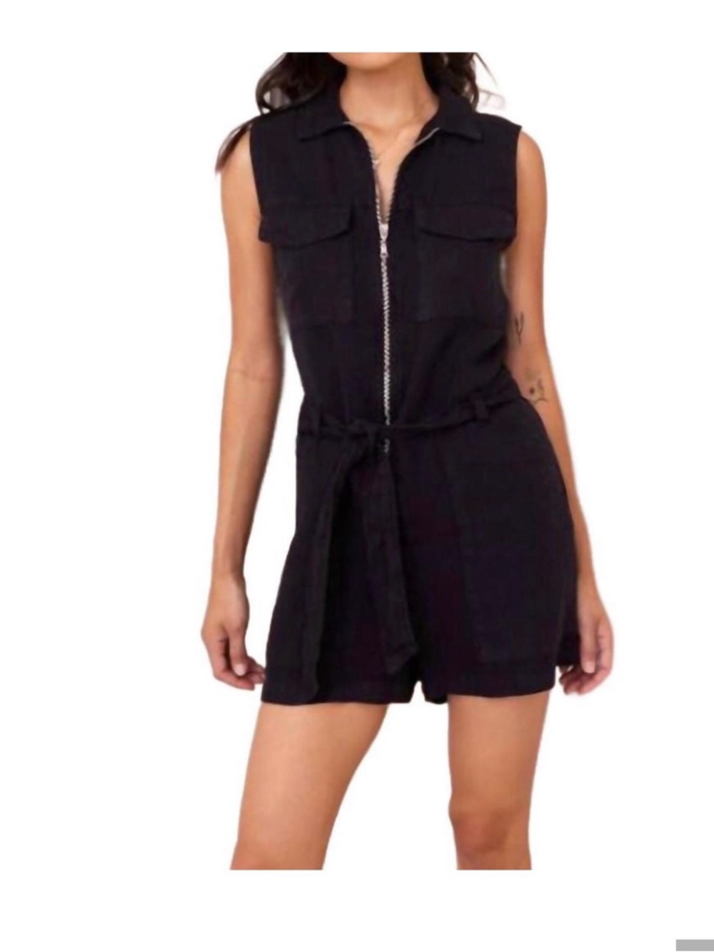 Bella Dahl Black Sleeveless Utility Romper Jumpsuit Belt, Pockets, Zipper, L